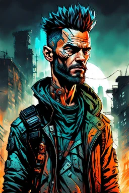 create a full body portrait illustration of a a coarsely shaved, raggedly dressed, post apocalyptic, cyberpunk scavenger , with highly detailed and deeply cut facial features, searing lines and forceful strokes, precisely drawn, boldly inked, with gritty textures, vibrant colors, dramatic otherworldly lighting