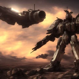 Armored Core fly in the sky in the desert with beside the ocean where you can see the space in the sky with twilight on the horizon, 4k resolution