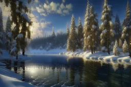 lake, ice, winter, it's snowing, mighty firs and pines, high detail, complex details, high resolution, clear quality, beautiful lighting, spectacular lighting, deep shadows, warm light, Dmitry Vishnevsky, Elegant, 8k, oil on canvas, Super detailed, 4K 3D, Clear quality, colorful, very cute
