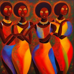 an abstract painting with figures of three African women dancing