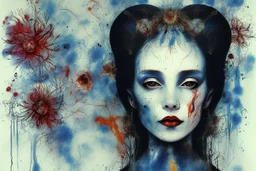 abstract 16th century portrait of a vampire sorceress with fine ink, done in the painting style of Helen Frankenthaler, rich natural colors, flowers, museum quality masterpiece.