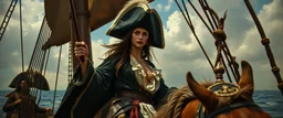 pin hole cam, master oil painting by Rembrandt, good afternoon scary hot seductive piratress merchant rat swashbuckler on stallion on ship