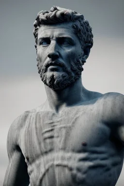 Ultra Realistic image, roman sculpture, deluxe white marble material, otamendi soccer player, Renaissance style, miguel angel style, chisel style, emperor, waist up portrait, epic, celestial, cinematic lighting, God light, god rays, 4k resolution, smooth details, ornate details, unreal engine 5, blue sky background.