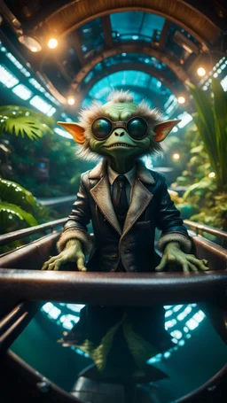 fish-eye photo of furry hairy pimp rocker priest alien gremlin on boat bridge over water slide in dark lit reflective wet jungle metallic hall dome hotel tunnel, in the style of fallout 4 game,bokeh like f/0.8, tilt-shift lens 8k, high detail, smooth render, down-light, unreal engine, prize winning