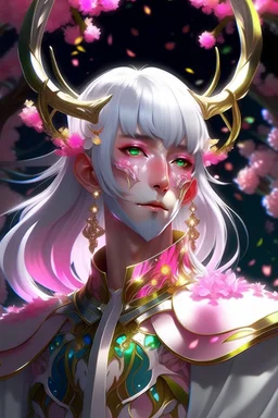 Pink hair spring cherry blossom Eladrin Male antlers druid beard sparkling radiance prismatic