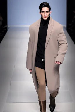 Men's winter fashion runway, super designer inspired by Superman style with the main emblem as the concept of the whole style beige tones