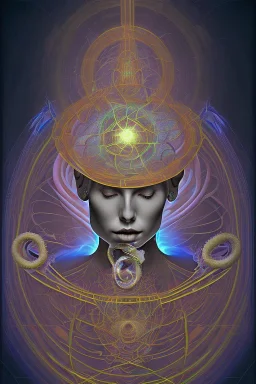 Spiritual being with Tentacles over human Head creating reality around, wrapping Spiral around Human, Psychedelic