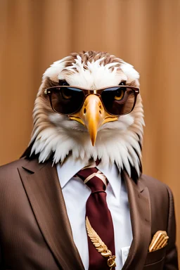 Portrait of an {Eagle} wearing a {brown} suit and sunglasses, {white} color background, realistic photography, shot on Sony dslr camera, Fujifilm --s 250