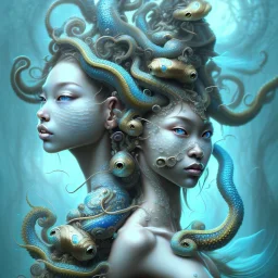 Sango fantasy, fantasy magic, intricate, sharp focus, illustration, highly detailed, digital painting, concept art, matte, art germ and Paul Lewin and Kehinde Wiley, masterpiece Japanese mermaid head bronze octopus' Asian African girl nice breast Thai hair turquoise silver blue under water