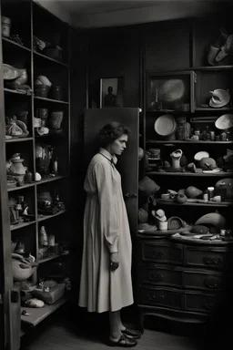 she stands within the confines of a closet, surrounded by a cabinet of curiosities. These evocative creations capture a melancholic mood, photorealist, revealing the inner struggle of a soul torn between her desire for freedom and the weight of her own uniqueness. Shoot by a leica camera by Cartier-Bresson