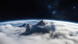 a fog planet's atmosphere is pierced by a single sharp mountain peak. a curved horizon separates the starry space