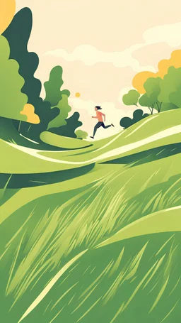 A person running in a place on the ground of grass, an optimistic image in Abstract style
