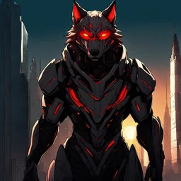 ((Anime future, man in futuristic suit, powerful wolf with piercing red eyes), medern city, sun light, vibrant hues), adorned in armor, dominance, pure, metropolis, unyielding spirit of humanity, industrialized world, contrasting juxtaposition, (dramatic lighting, futuristic atmosphere, ruined cityscape, sunset), wide-angle lens, high resolution Negative prompt: (((((bad quality, poorly drawn, distorted, disfigured, ugly)))))