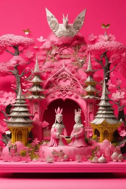 A pink magical kingdom with hearts designed in Maori sculptures painted by Utagawa Hiroshige