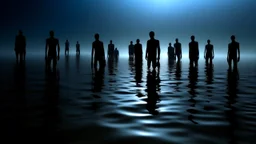 Distorted Human Silhouettes: The submerged figures appear ghostly, their forms warped by the water’s movement, suggesting themes of memory, loss, or the subconscious.