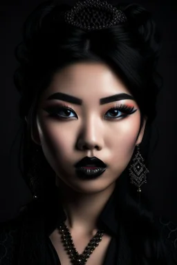 portrait of a young gorgeous fantasy asian goth woman, black makeup, black eyeline, black lipstick, fantasy style, realistic style, highly intrictae details, high quality, 8k