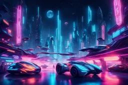 A futuristic cityscape at night with neon lights and flying cars.