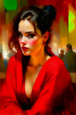 a beautiful woman with nice eyes, nice lips, in red cloths. art by Jeremy Mann,