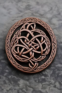 circular celtic knotwork brooch made of dark copper