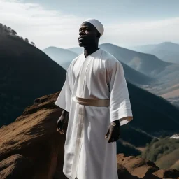 African man in white thobe, standing on top of mountain