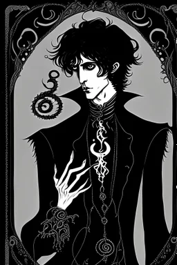 black haired young man necromancer wizard with gothic jewelry and tentacle fingers in the style of Aubrey Beardsley