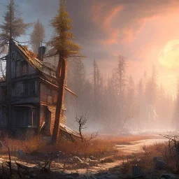 Postapocalyptic scenery, town, forest, a lot of houses, overgrown, 16k