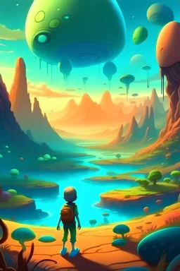 Depict a scene in which the protagonist encounters amicable aliens from different worlds, all engaging in a playful game within the vibrant landscapes.