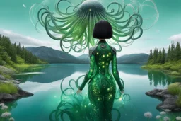 Depict an image of a thin, Hispanic woman featuring a black bob hairstyle, garbed in a uniquely designed android suit coloured green and silver. She gazes at a peculiar sight - dandelion heads that possess octopus-like tentacles, floating in the air. In the backdrop, there unfolds an extra-terrestrial panorama of a glass-like lake encircled by tall, slim cloud-like trees that seem mostly alien in their existence.