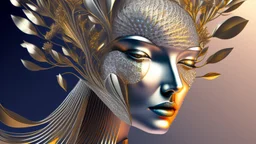 figure of a woman, art from the "art of control" collection by Jasper Harvey, in the style of futuristic optics, silver and gold, flower, bird, plant branches, detailed facial features, swirling vortices, 8k 3d, bizarre cyborgs made of crystals, high detail, high resolution, 8K