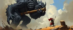 catapult on a stick, oil and airbrush, epic fantasy illustration, black giant
