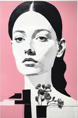maria Lassing -Euan Uglow black & white face drawing, high contrast facial planes, strong shadows, mixed media. pink collage painting acrylic, oil, landscape background, table, mixed media, 3/4 portrait, woman, neon flowers sprouting from exposed breast, botanical elements