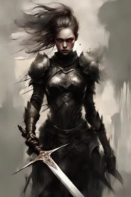 A formidable warrior girl in black armor defends herself with a shiny sword, a fabulous scary hero, juicy emotions, painting, gloomy fantasy, gloomy day, dark world,, without a background, oil and graphite, wide strokes, a weaving frame around, by Ryohei Hase, Agnes Cecile, Raymond Swanland, Anne Bachelier