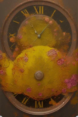 an abstract painting of rusted metal and flowers, sun set mirror reflection time wait for no man clock portrait , rust, scaffolding, iron cladding, decay, mixed media, textured, anatomically correct, beautiful perfect face, sharp focus, highly detailed