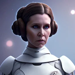 low angle beautiful half-body-portrait photo of princess leia from Star Wars played by Carrie Fisher, in the style of horizon zero dawn wlop, artgerm, akihiko yoshida, and liang xing, detailed face, doe eyes, intricate hair style, symmetrical eyes, trending on artstation, highly detailed, white dress, dynamic pose, intricate outfit, futuristic weapon, space ship and galaxy background