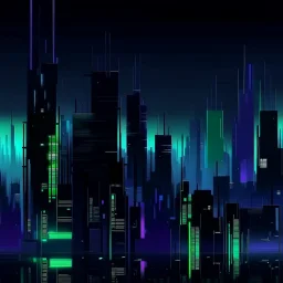 Digital painting of a minimalist and digital city with a dark background, colors are black, light blue and light green, and purple.