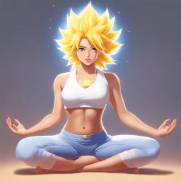 [super Sayan female] she does lotus position in yoga, she wears comfortable cotton undies. She has a magic yogi aura slamming around her