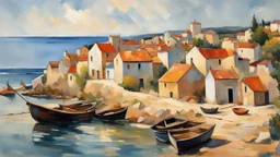 Style Cézanne, calm beauty, sunlight, French village on the coast, beach, fishing boats, peaceful, beautiful composition, exquisite detail