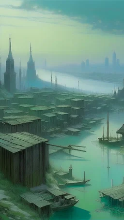 A grayish mint colored ancient African cyberized city made out of steel painted by Birge Harrison