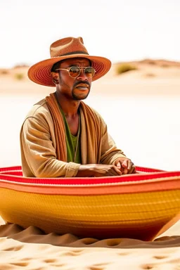 African man wearing hat and sunglasses, rowing small boat in desert sand at a distance