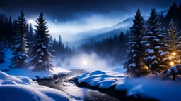 fir forrest scenery, heavy mist,valley,creek,forest,christmas ,tree,,nature,night,snow,fir tree,high-quality photograph,zeiss prime lens, bokeh , high detail, smooth render, unreal engine 5, dust effect, vivid colors,night