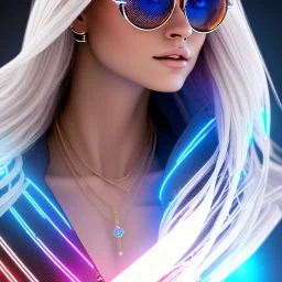 A beautiful portrait of a cute smiling cyberpunk woman, long blond haire, high key lighting, volumetric light high details with white stripes and feathers and blue celtic paterns and cyberpunk glasses