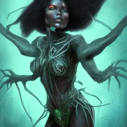 This spider woman is a formidable creature, with the body of a human woman and the head and legs of a spider. Her skin is covered in shimmering black scales, and her eyes glow a bright, otherworldly green. She is fast and agile, able to climb walls and ceilings with ease. She has venomous fangs and sharp claws, and she can spin webs of magical energy to ensnare her enemies. She is intelligent and cunning, and she is feared by all who encounter her in the realm of fantasy. She is often summoned b