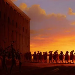 sunset on horizon, roman legion marching