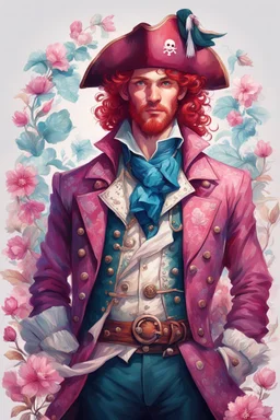 kind sailor, man, red slightly curly hair, long jacket, pink-azure clothes, pink-azure cocked hat in cold colors, white floral pattern on jacket, flower in hair, pirate