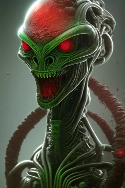 green alien, head, evil, red eyes, big silver teeth, weapons, blood, 8k, finely detailed, photo realistic, HR Giger style