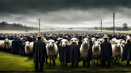 A long, single line of people wearing sheep heads waiting to vote for the next President of the United States, in the art style of Ralph Steadman, Seb Mckinnon, political satire, liminal spaces, dystopian, sinister, gore, morbid, horror, eerie, dark fantasy, HDR, UHD, TXAA, 16k, impressionism, dadaism, surrealism.