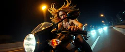 fish eye lense, pin hole cam, master oil painting by Rembrandt, good afternoon bitch scary hot seductive female riding sports bike with motion blur and smeared lights in the night, stylistic poster, in the style of total recall, huge bugrat in the background with wind blowing in the hair, high speed, intense eyes