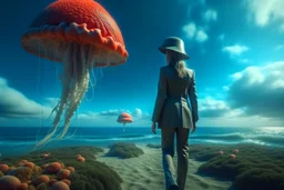 woman in a form-fitting suit, standing on a beach of an alien world, watching mushrooms with jellyfish tentacles in the sky, photorealistic, Detailed Matte Painting, Deep Colour, Fantastical, Intricate Detail, sunshine