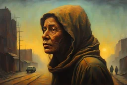 Oil painting of surreal homeless female wander with highly detailed facial features in the style of Zdzislaw Beksinski, light luminous colors and otherworldly dystopian aesthetic, decay and the grim struggle for life