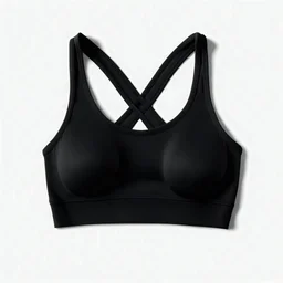 Folded Cross-back sport bra, top view, flat lay, realistic, active wear, black smooth material, round neck, cross-back with four spaghetti straps,